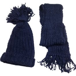 Sötétkék kötött sapka sállal (146-158)